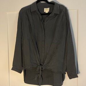 Gray Button-Up Blouse with Tie Front